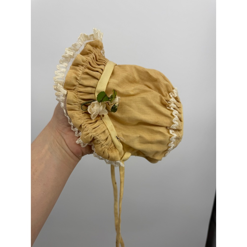 Unbranded Vintage Style Corduroy Bonnet Kids OS Mustard Yellow Lace Floral Tie